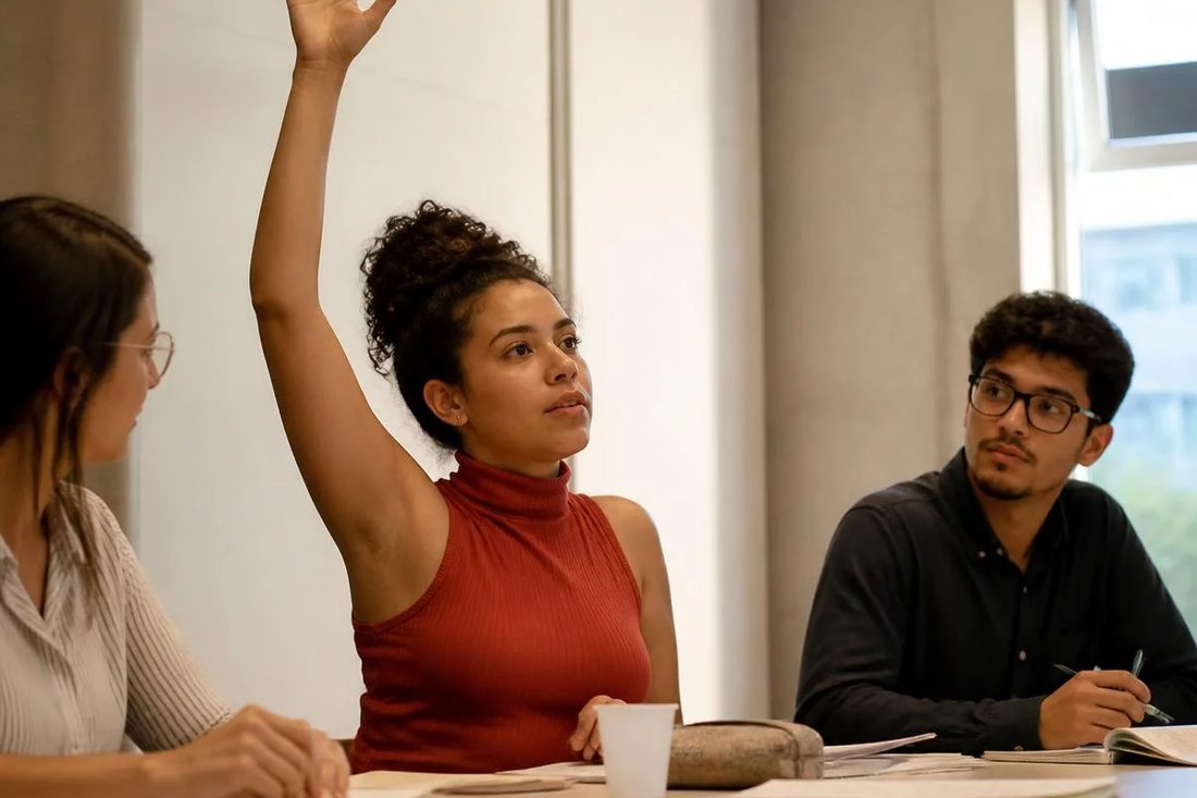 Facilitador em pé apontando para um argumento escrito no quadro durante a sessão