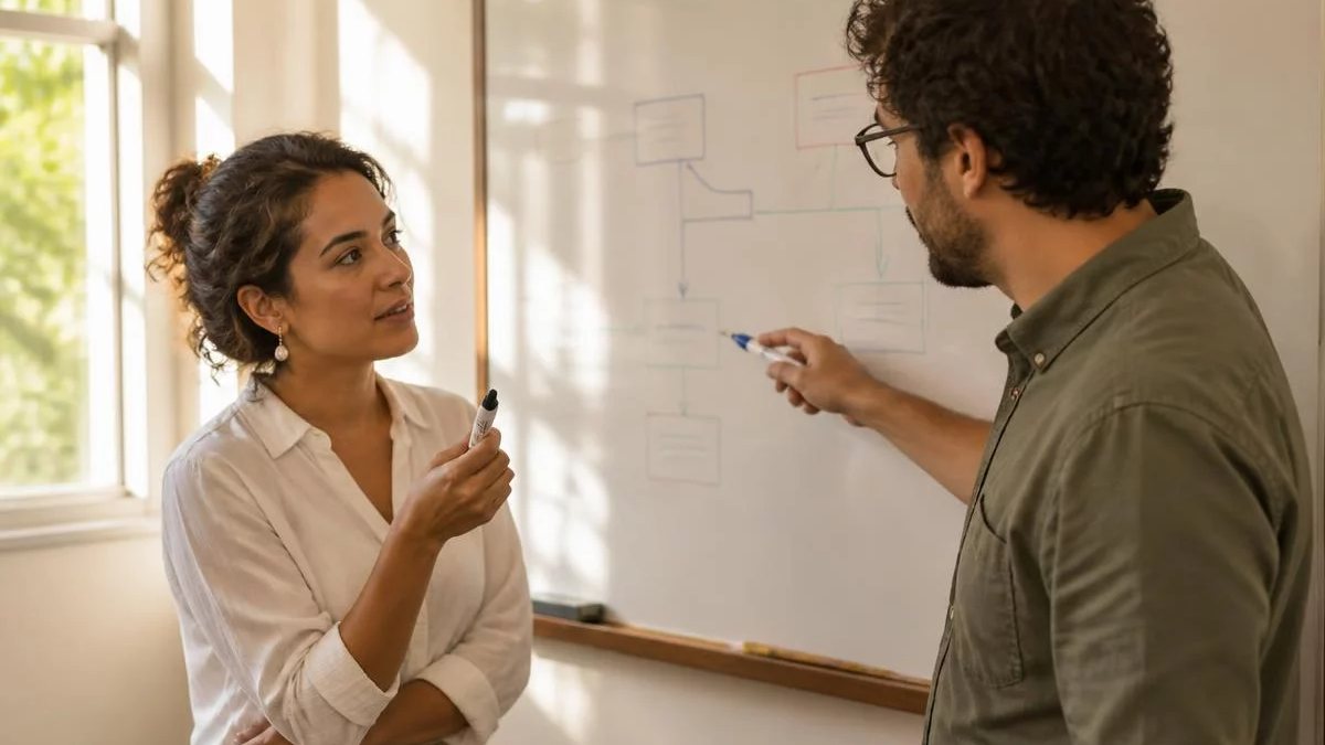 Duas participantes de pé diante do quadro branco, montando um argumento a caneta